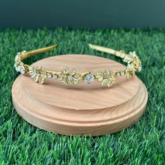 Faux Gold Metal Leaf Rhinestone Embellished Headband - Picture 5 of 7